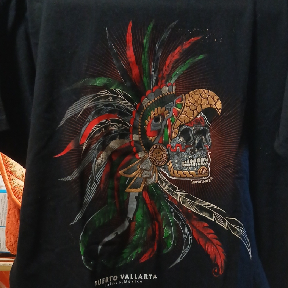 KARANI ART: Colorful Skull with FEATHERED HEAD-PIECE Graphic T-Shirt Size Large.